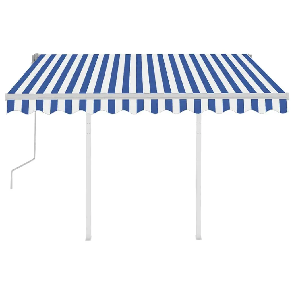Manual Retractable Awning with Posts 3x2.5m Patio Sun Shade Blue White Outdoor