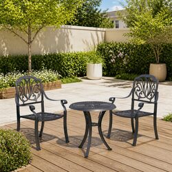 3 Piece Bistro Set: 2 Chairs, Table, Black Aluminium