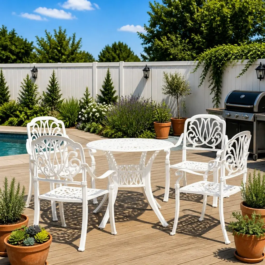 5 Piece Bistro Set Outdoor Use White Cast Aluminium Table and Chairs for Garden