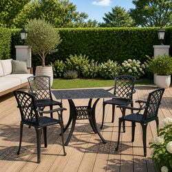 5 Piece Bistro Set: Black Cast Aluminium Table & Chairs