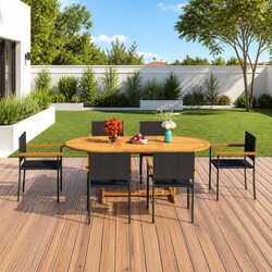 Garden Dining Set 7 Pieces: Acacia Wood Table & Rattan Chairs