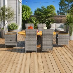 Garden Dining Set Specifications: 7 Pieces, Acacia and Rattan