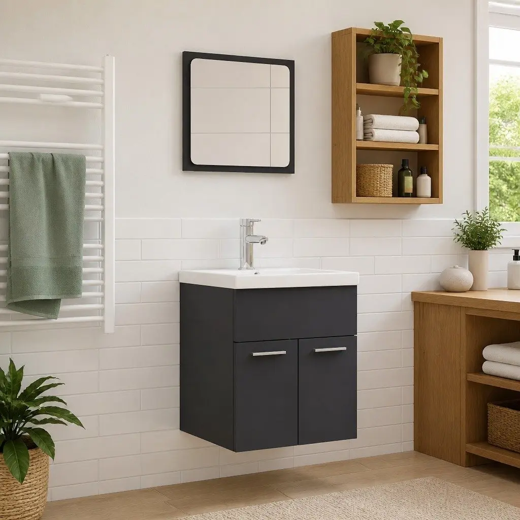 Bathroom Furniture Set Grey Sink Cabinet Basin Mirror Engineered Wood Storage