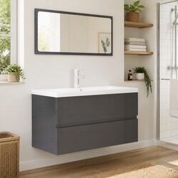 Grey Sink Cabinet and Ceramic Basin Set with Mirror