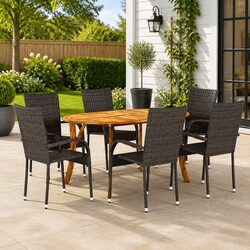 7 Piece Garden Dining Set: Acacia Wood & Rattan Chairs
