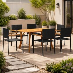 7 Piece Garden Dining Set: Acacia Wood Table and Rattan Chairs