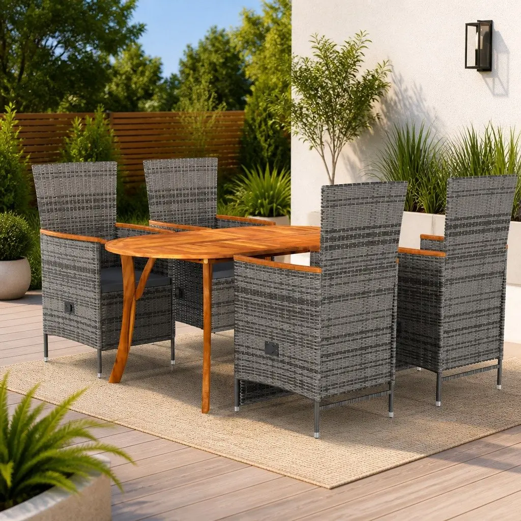 Garden Dining Set 5 Piece Outdoor Use Grey Acacia Wood Table and Steel Frame Chairs