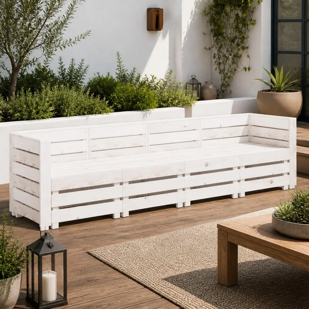 White Wooden 4-Seater Outdoor Sofa