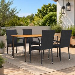 Outdoor Garden Dining Set 5 Piece Black PE Rattan Chairs Steel Frame Acacia