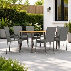 7 Piece Garden Dining Set Outdoor PE Rattan Steel Frame Acacia Wood Table Chairs