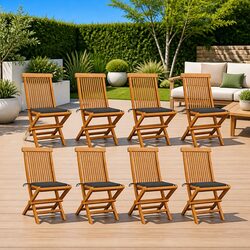 8-Piece Set of Outdoor Folding Chairs - Teak Wood & Cushions