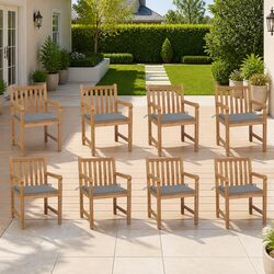 Teak Outdoor Dining Chairs Set of 8 with Grey Cushions