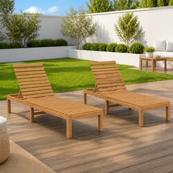 Sun Lounger Set: 2 Teak Wood Chairs with Adjustable Backrests