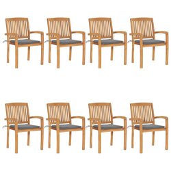 8 Stacking Garden Chairs with Cushions - Solid Teak Wood