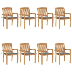 8 Stacking Garden Chairs with Cushions - Solid Teak Wood