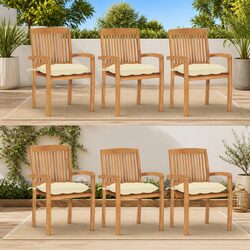 Stacking Garden Chairs with Cushions - Teak Wood, Set of 6