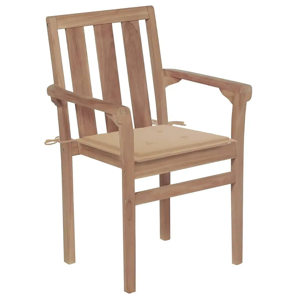 Stackable Outdoor Garden Chairs Set 4 Teak Wood for Patio Beige Cushions