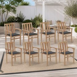Specifications for 8 Stackable Teak Wood Chairs with Cushions