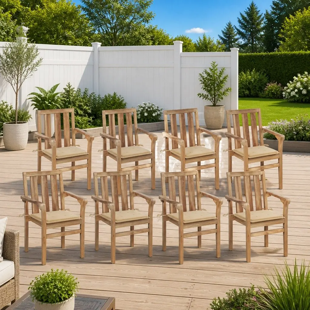 Stackable Outdoor Chairs for Garden 8 Piece Set Teak Wood with Cushions
