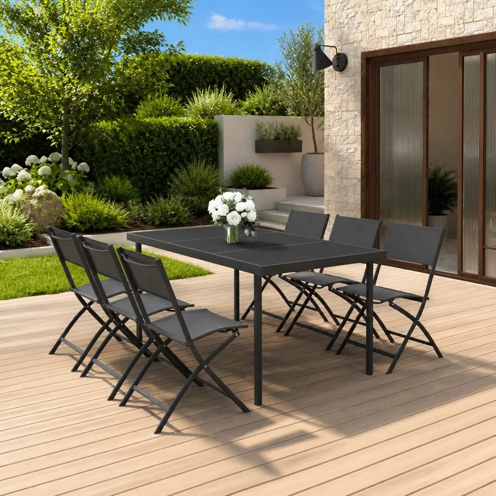 7 Piece Outdoor Dining Set Garden Use Steel Frame Stackable Chairs