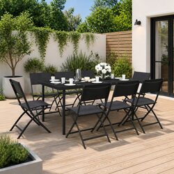 Outdoor Dining Set 9 Piece Steel Frame Stackable Chairs Garden Furniture Black