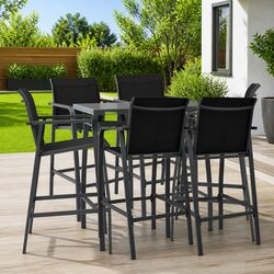 7 Piece Garden Bar Set: Black Steel Frame and Glass Top