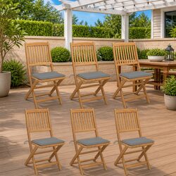 Folding Garden Chairs Set of 6: Acacia Wood, Grey Cushions