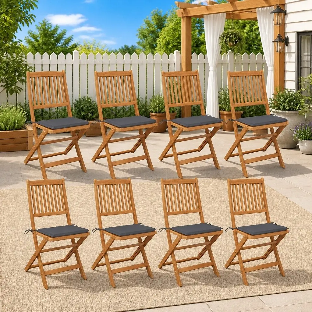 8 Piece Folding Chairs Solid Acacia Wood Anthracite Cushions Outdoor Patio Seating
