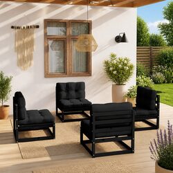 Garden Lounge Set 4 Piece with Cushions Solid Pinewood Outdoor Furniture Black