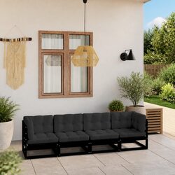 4-Seater Garden Sofa Outdoor Bench with Cushions Solid Pinewood Black