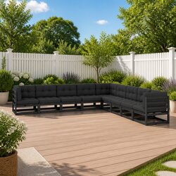9 Piece Garden Lounge Set with Cushions Black Solid Pinewood Outdoor Furniture