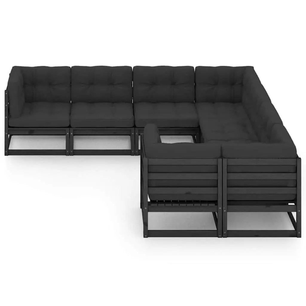 8 Piece Garden Lounge Set Outdoor Furniture Black Solid Pinewood with Cushions