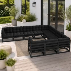 Garden Lounge Set - 10 Pieces, Solid Pinewood, Black