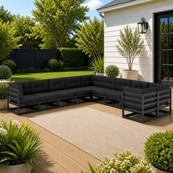 10 Piece Solid Pinewood Garden Lounge Set - Black