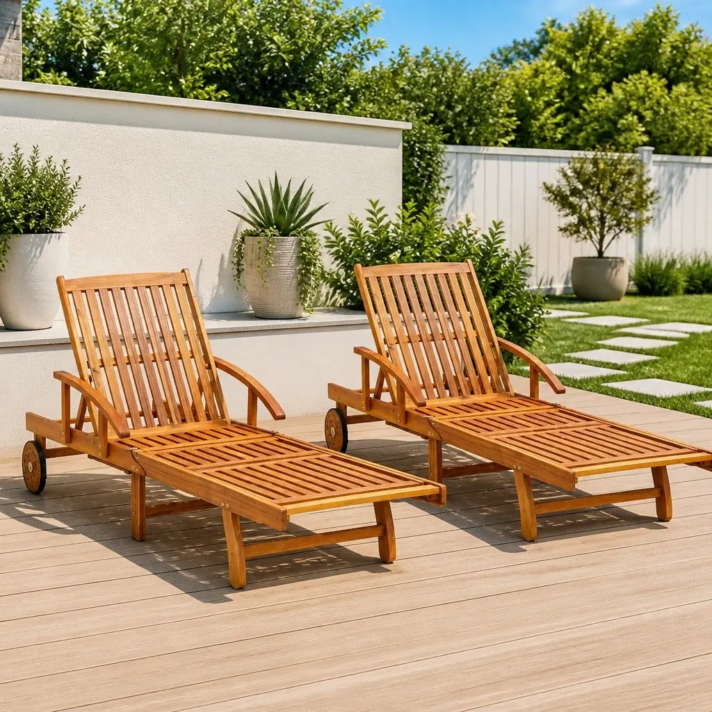 2 pcs Solid Wood Acacia Sun Loungers