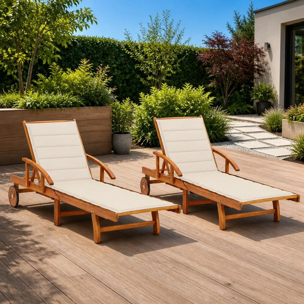 2 Solid Wood Sun Loungers with Cushions