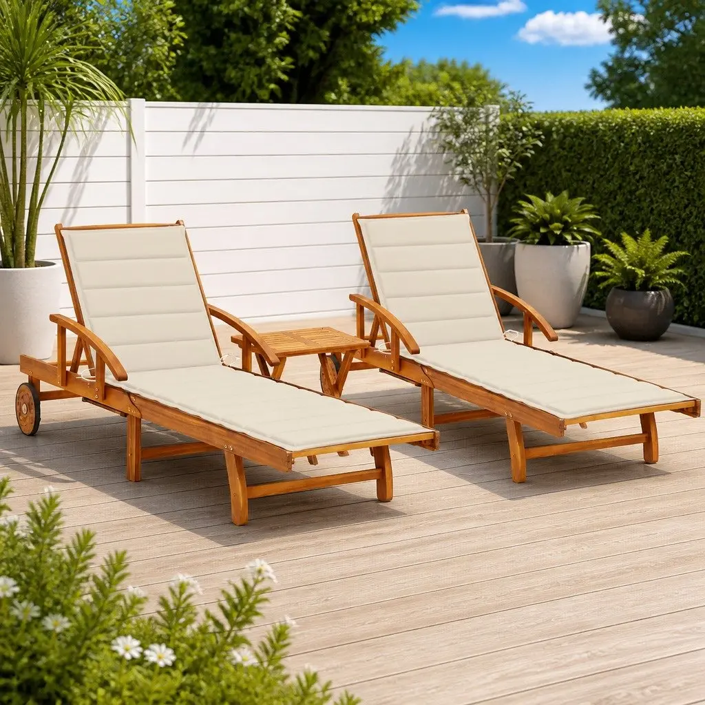 Sun Lounger Set with Cream Cushions and Acacia Table