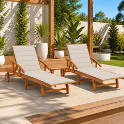 Sun Lounger Set: 2 Solid Acacia Loungers, 1 Table & 2 Cushions