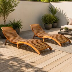 Set of 2 Folding Sun Loungers in Solid Acacia Wood