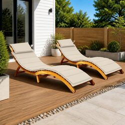 Wooden Sun Lounger Set: 2 Foldable Loungers with Cushions
