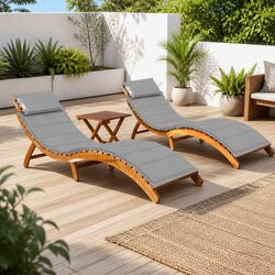 2-Piece Folding Sun Lounger Set with Acacia Wood and Cushions