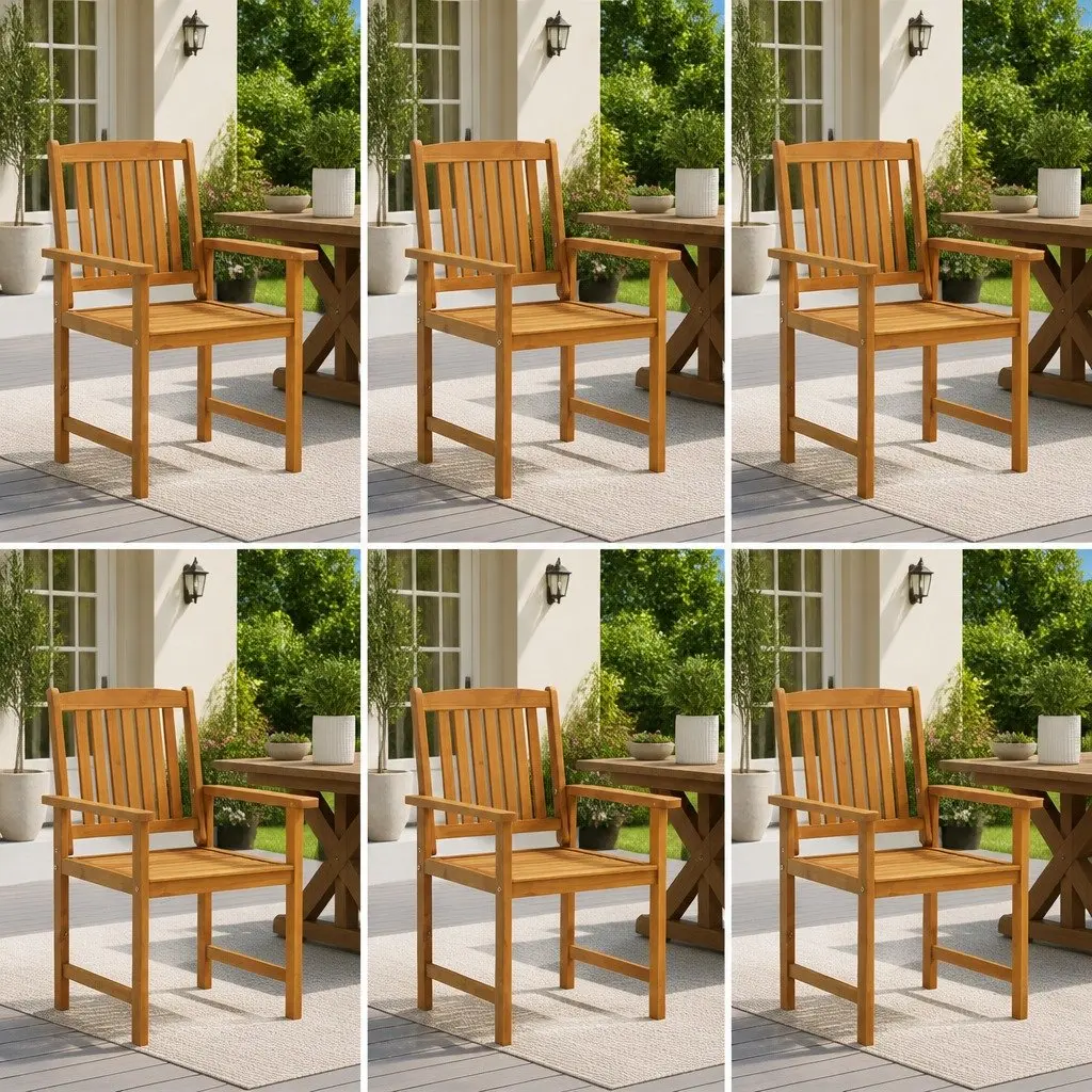 6 Outdoor Chairs in Solid Acacia Wood, Brown Finish