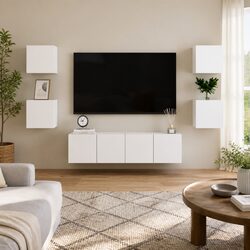 TV Cabinet Set 6 Piece White Wall Mounted Storage Unit Living Room Furniture
