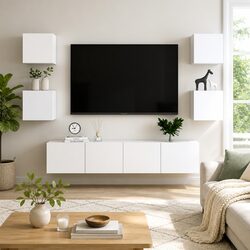 White TV Cabinet Set 6 Piece Wall Mounted Storage Unit Living Room Furniture