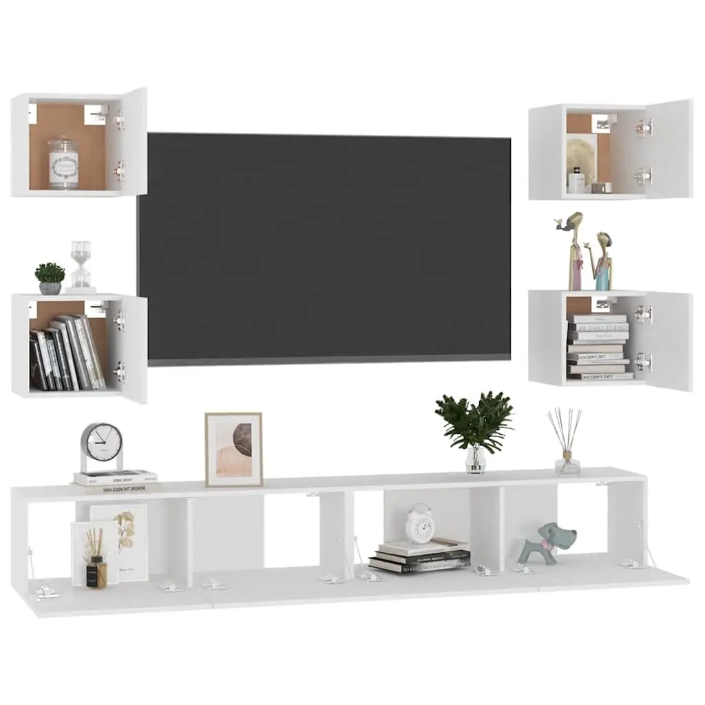 6 Piece White Wall-Mounted TV Cabinet Set with Storage for Living Room Use