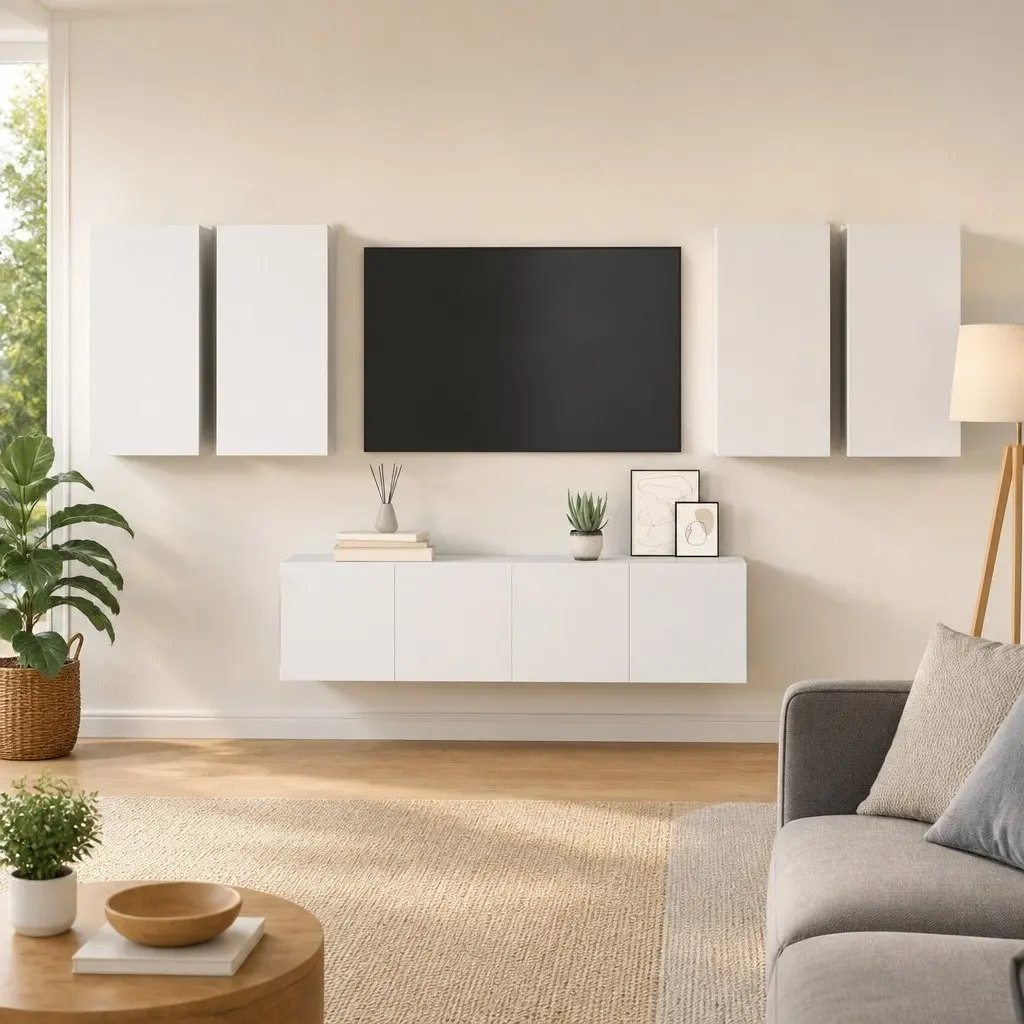 Wall Mounted TV Cabinet Set White Storage Unit Organiser Display Shelf 6 Piece