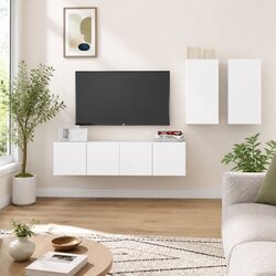 4 Piece White Wall Mounted TV Cabinet Set - Engineered Wood