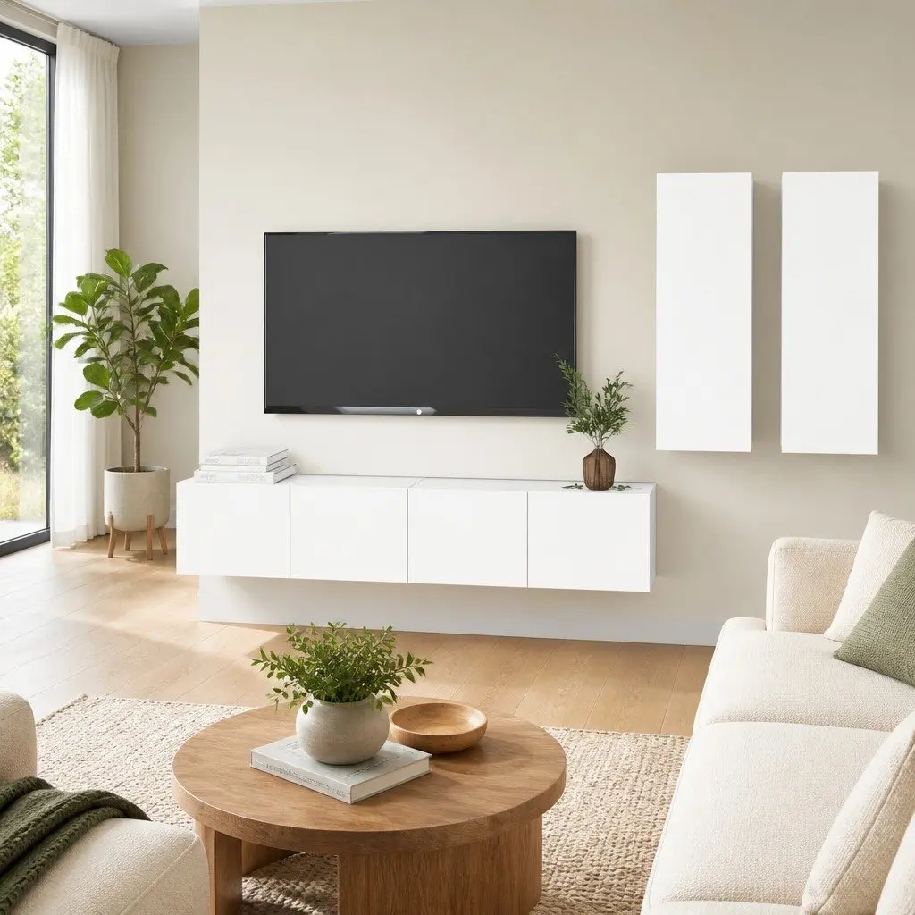 TV Cabinet Set Wall Mounted Storage Unit White Living Room 4 Piece