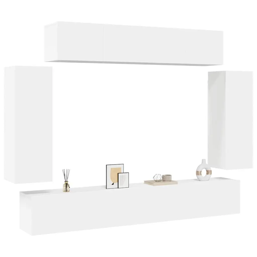 6 Piece White Wall-Mounted TV Storage Unit for Living Room Organization
