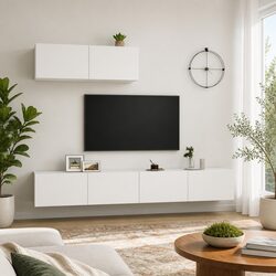 Wall-Mounted TV Cabinet Set: 3 White Units, Engineered Wood